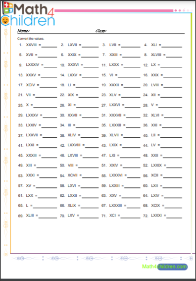 Roman numerals worksheets for grade 3