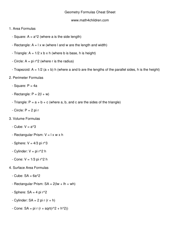 Geometry Formulas Cheat Sheet