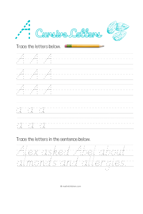 Cursive letter a worksheet. Handwriting cursive capital and small letter A