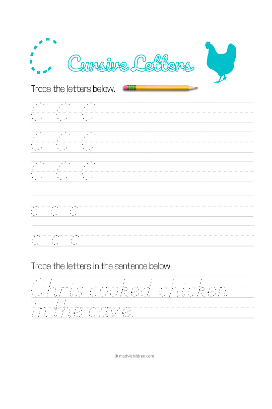 Cursive letter C worksheet. Handwriting cursive capital and small letter C
