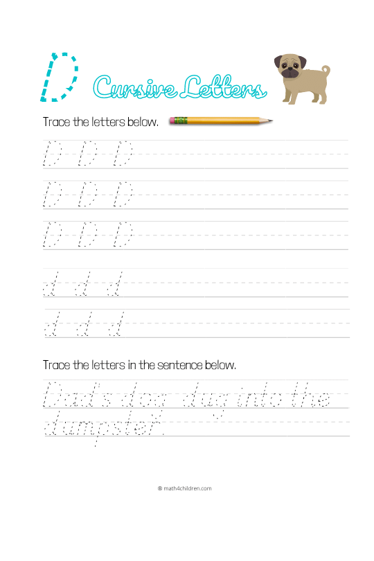 Cursive letter D worksheet. Handwriting cursive capital and small letter D
