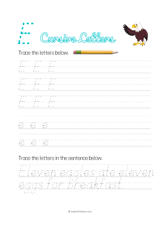 Cursive letter E worksheet. Handwriting cursive capital and small letter E