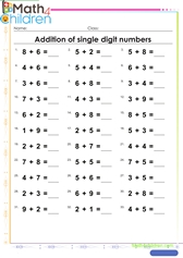  Addition of single digt numbers up to 20