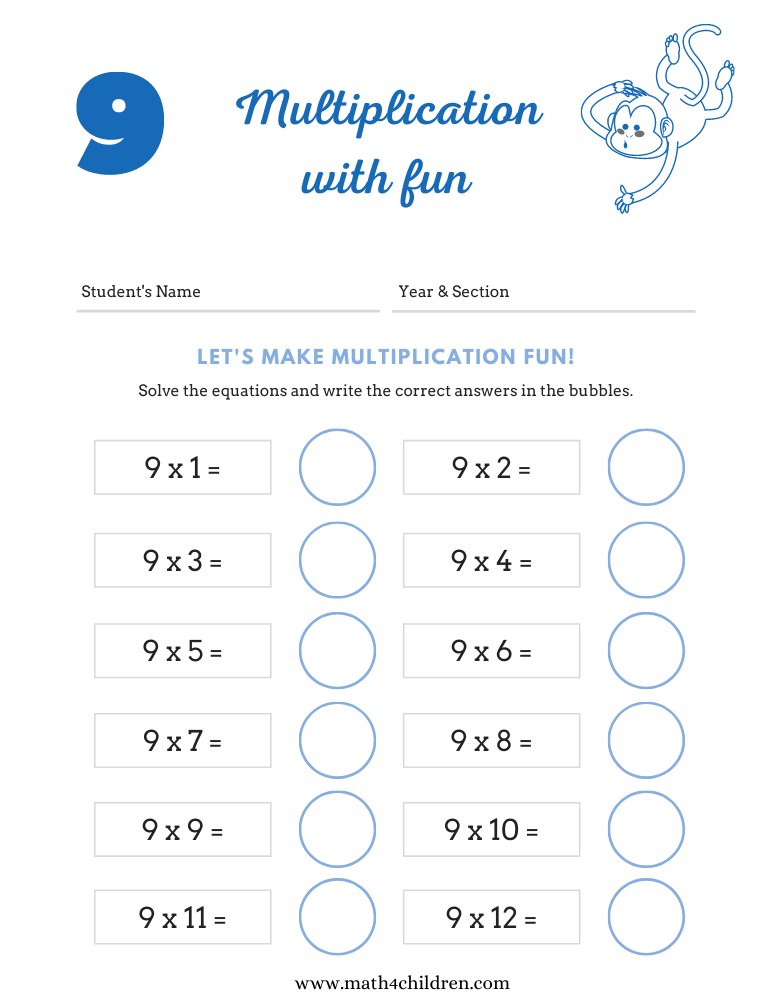 9 x table worksheet