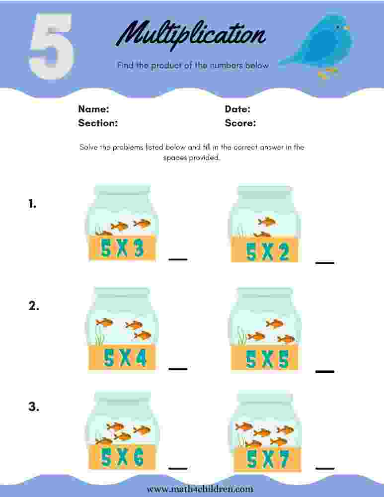 Multiplication table sheets by five